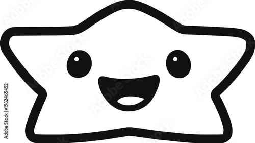Adorable kawaii smiling star line art illustration in black and white, happy simple cartoon character doodle vector icon.