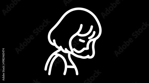 Simple white line art illustration of a sad, thoughtful, or depressed person with a downturned head on a black background.