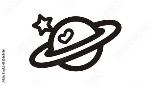 Cute cartoon planet icon with an orbiting ring, a sweet heart, and a magical star. Simple black line art celestial illustration.