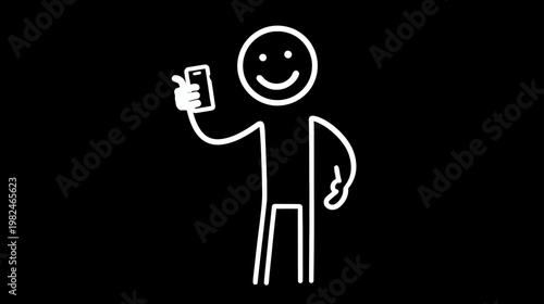 Smiling stick figure holding a smartphone, simple doodle character representing mobile technology, communication, or app usage