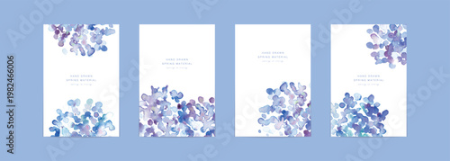 水彩画。水彩タッチの紫陽花ベクターイラスト。夏の梅雨時期イラスト。Watercolor painting. Watercolor-style vector illustration of hydrangeas. Illustration for the summer rainy season.