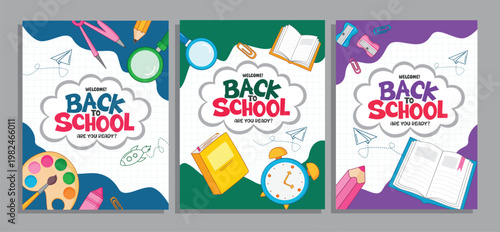 Back to School greeting clipart poster set. Back to School greeting text with School supplies in grid line colorful abstract background clip art for classroom decoration and learning materials