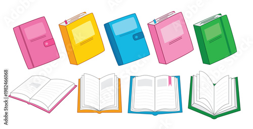 Colorful Books clipart set. School Books reading materials with open and closed page clip art for education learning information like dictionary, journal, encyclopedia and literature book template 