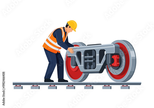 Railway technician inspecting train wheels on tracks, industrial maintenance and repair