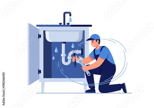 Plumber fixing leaking sink pipes under a bathroom cabinet with water drops falling