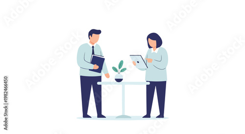 Two professionals collaborate in a minimalist office setting, with one holding a folder and the other pointing at a digital tablet.