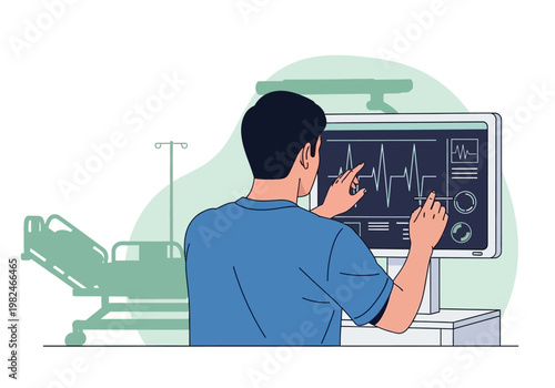 Doctor Adjusting Medical Monitor Displaying Heart Rate Data in Hospital Room