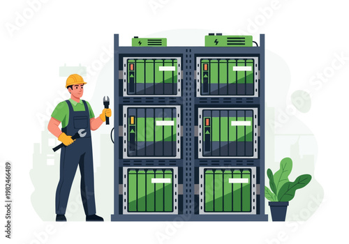 Technician performing maintenance on a large server rack with multiple green battery units in a clean, modern room with plants
