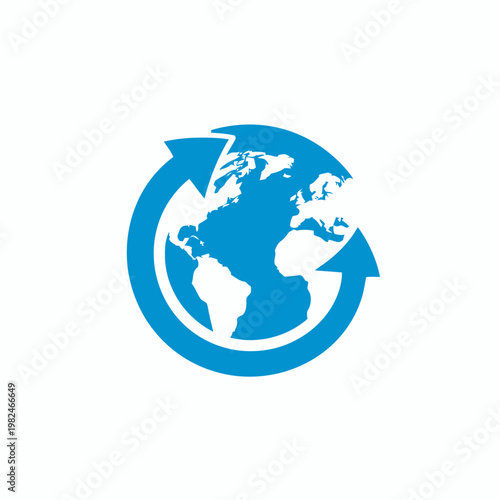 The globe rotates within two circular arrows on a white background