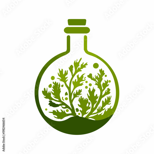 Green plants grow inside a glass bottle ecosystem illustration.