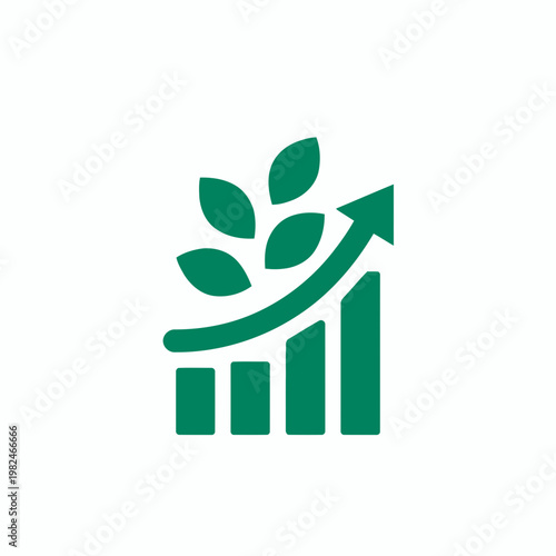 A green graph with an upward trend and a plant growing shows business growth.