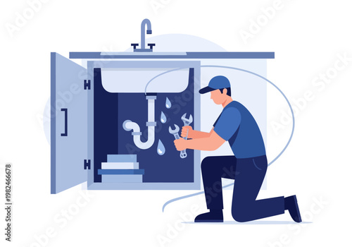 Plumber Fixing Leaking Sink Pipes with Wrench in Under Sink Cabinet