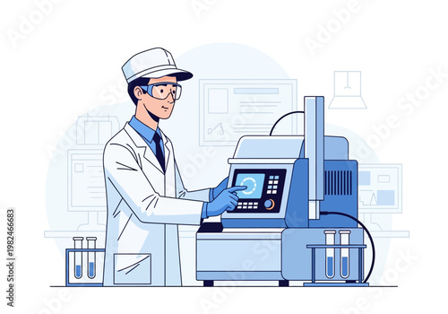 Scientist in lab coat operating modern scientific equipment with touchscreen interface in laboratory setting