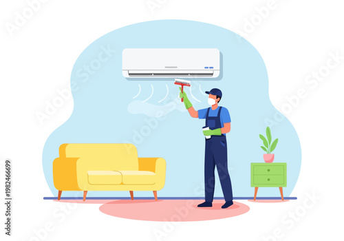 Air conditioning cleaning and maintenance service, professional technician sanitizing unit at home