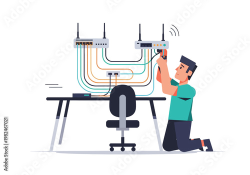 Skilled technician connecting network cables and routers on a desk for internet setup