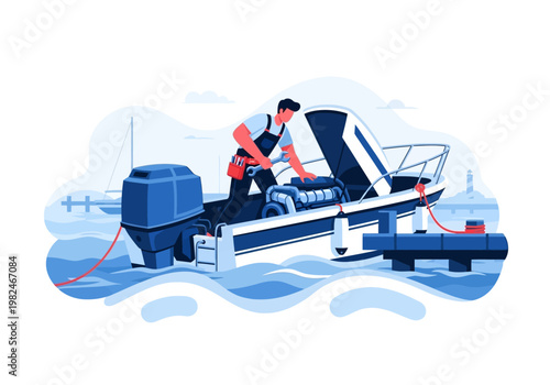 Marine mechanic repairing a boat engine on the water