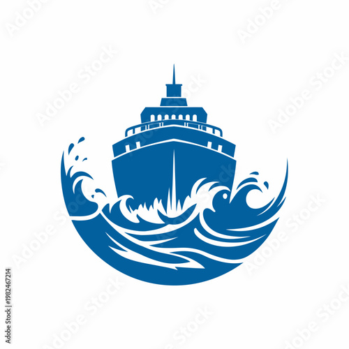 Icon of a large ship sailing through turbulent ocean waves