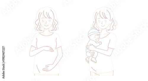 Minimalist pregnancy and motherhood line art vector showing woman before and after childbirth with newborn baby