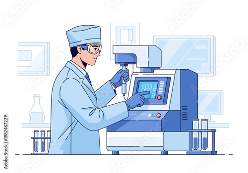 Scientist in lab coat operating advanced scientific equipment with digital interface for research and analysis