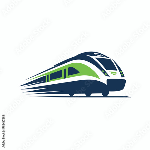 The green and blue bullet train icon speeds forward on tracks.