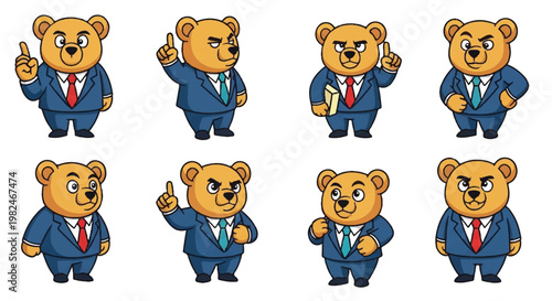 Cartoon bear in business suit posing in various gestures