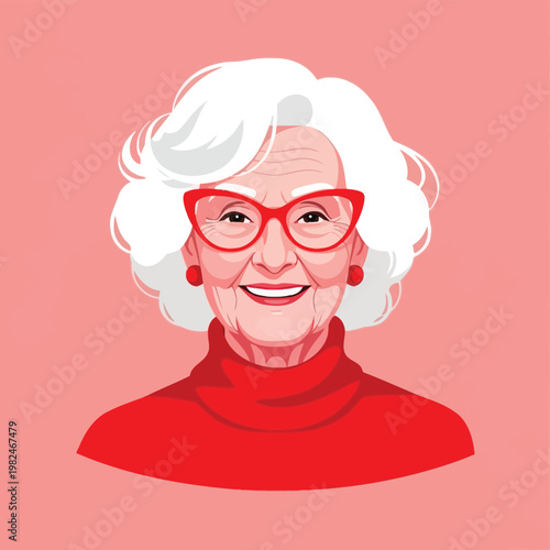 Cheerful elderly woman wearing red glasses and a turtleneck sweater smiling brightly