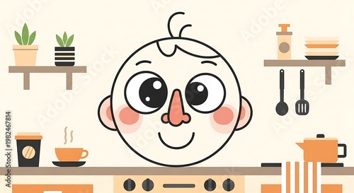 Animated illustration of a cartoon child's face in a kitchen setting with various kitchen items, plants and a coffee cup