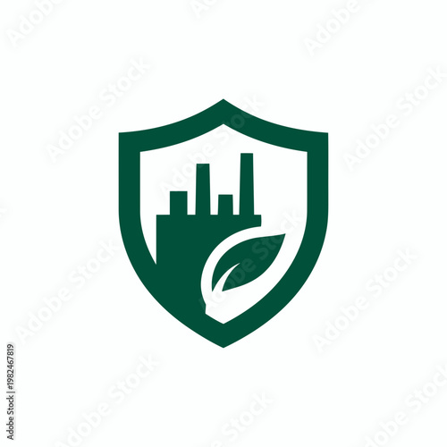 Green shield icon protects cityscape with industrial and leafy environment