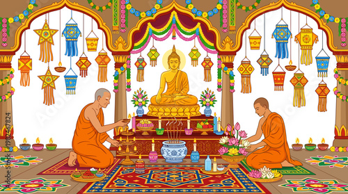 Two devoted monks perform a sacred Buddhist ceremony Vesak, offering flowers and lighting lamps before a revered golden Buddha statue, amidst vibrant lanterns and traditional decor