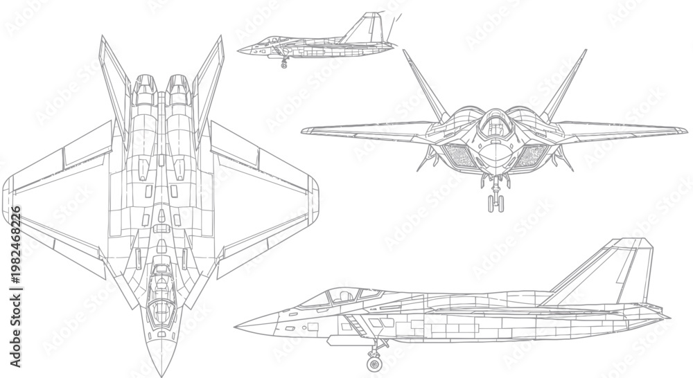 Fototapeta premium Fighter Jet Blueprint Technical Drawing Views - Top, Front, Side, Top Down