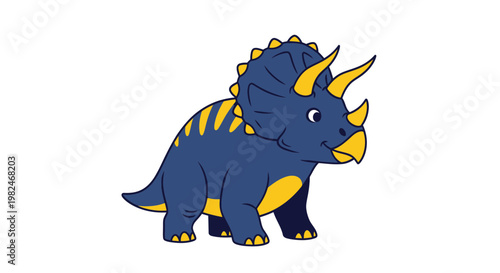 Cute Cartoon Triceratops Dinosaur, Blue and Yellow, Isolated on White
