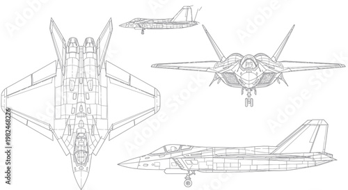 Fighter Jet Blueprint Technical Drawing Views - Top, Front, Side, Top Down