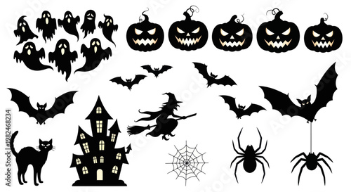 Halloween Icons: Ghosts, Pumpkins, Bats, Witch, Cat, Spider, Haunted House