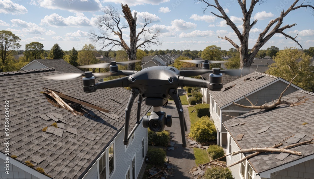 Fototapeta premium Medium shot of drone hovering over suburban block with damaged roofs focusing on detailed aerial view of broken shingles and tree debris.