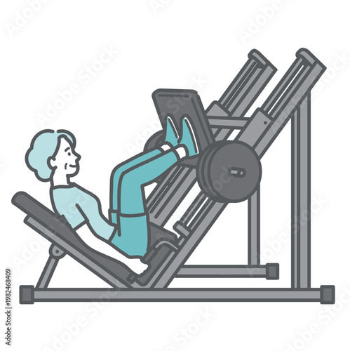 笑顔でレッグプレスマシンを使い下半身のトレーニングをしているシニア女性のイラスト