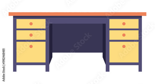 Purple desk with six drawers and an orange top surface