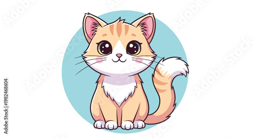 A cute cartoon kitten character with soft fur and a long tail sits in a happy pose, creating a funny and artistic feline vector illustration
