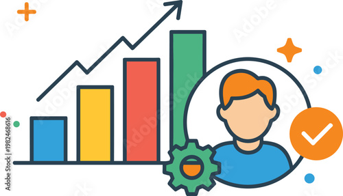 Business growth analytics with user profile flat illustration data chart performance success strategy management optimization digital marketing concept