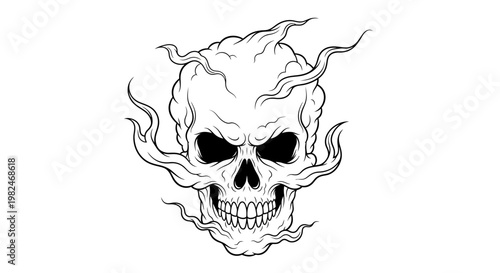 A scary gothic human skull vector illustration with white teeth on a black background, symbolizing death and horror for a tattoo or Halloween art