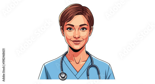 Vector illustration of a professional female nurse. This friendly portrait showcases her in blue scrubs with a stethoscope, symbolizing dedicated medical service