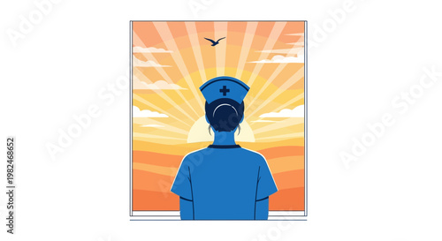Vector illustration of a healthcare worker, a nurse, looking out a window at a beautiful sunrise, symbolizing hope, new beginnings, and a brighter future ahead for all