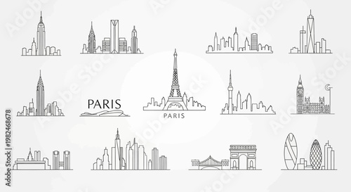 Vector illustration of the Hungarian Parliament and iconic Budapest landmarks featuring a black architecture skyline and urban cityscape silhouette of the European travel destination