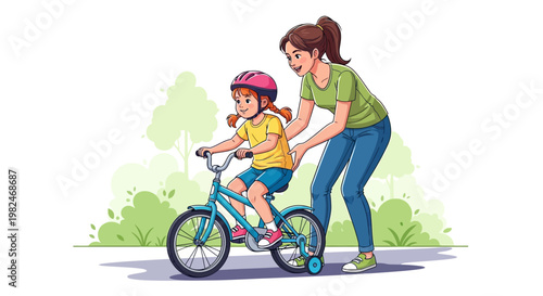 Vector illustration of a caring mother teaching her determined daughter to ride a bicycle, highlighting childhood learning, parental guidance, and outdoor family fun