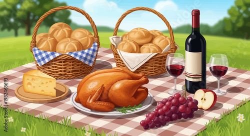 A fresh French picnic snack featuring red wine in a glass bottle alongside healthy bread, cheese, grapes, and fruit for a delicious lunch meal