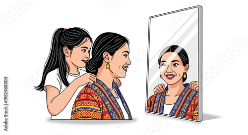 Heartwarming Vector illustration capturing a precious moment of a daughter helping her mother with jewelry, their loving bond reflected in the mirror