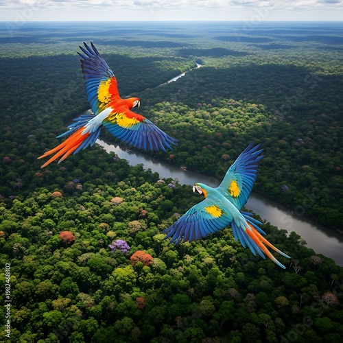 Macaws Soaring Above the Amazon Rainforest - A Vibrant Aerial View.