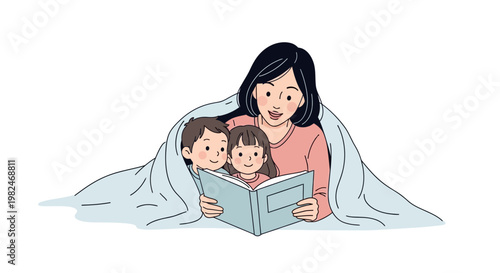 Heartwarming vector illustration capturing a loving mother reading a bedtime story to her two young children, fostering precious family bonding and shared learning under a cozy blanket