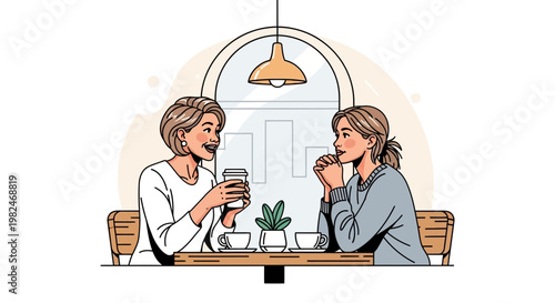 Relaxed friendly conversation between two women enjoying coffee in a cozy cafe setting, beautifully rendered as a modern flat design vector illustration