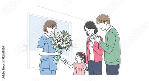A heartwarming scene family expresses sincere gratitude to a dedicated nurse with a beautiful flower bouquet in a healthcare setting. Vector illustration