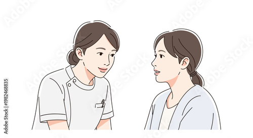 Friendly professional consultation between a female staff member and client in a warm discussion. Vector illustration portraying empathetic communication or healthcare advice